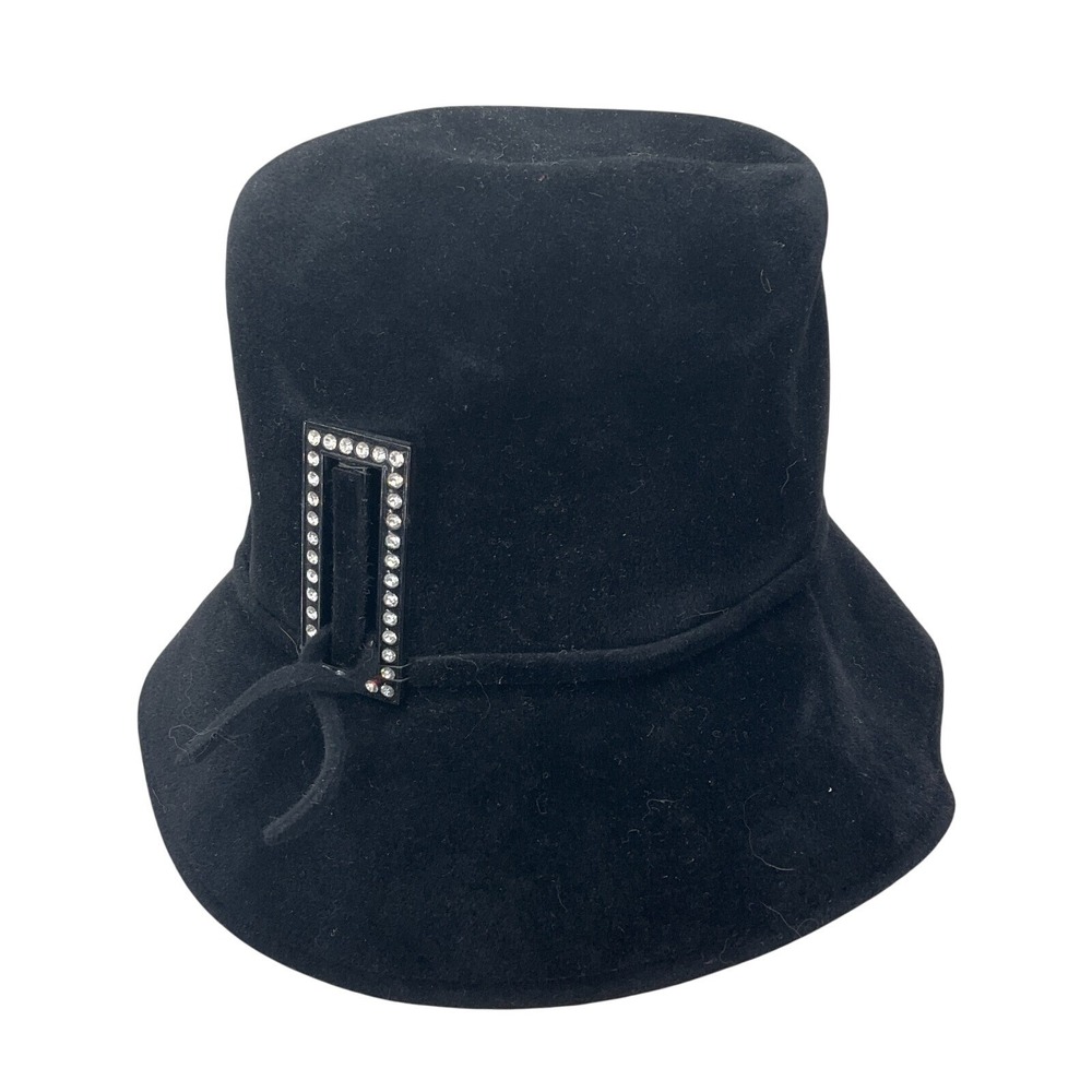 1930s-40s Halle Bros Bucket Hat Womens S Black Rhinestone Buckle Wool Cloche USA